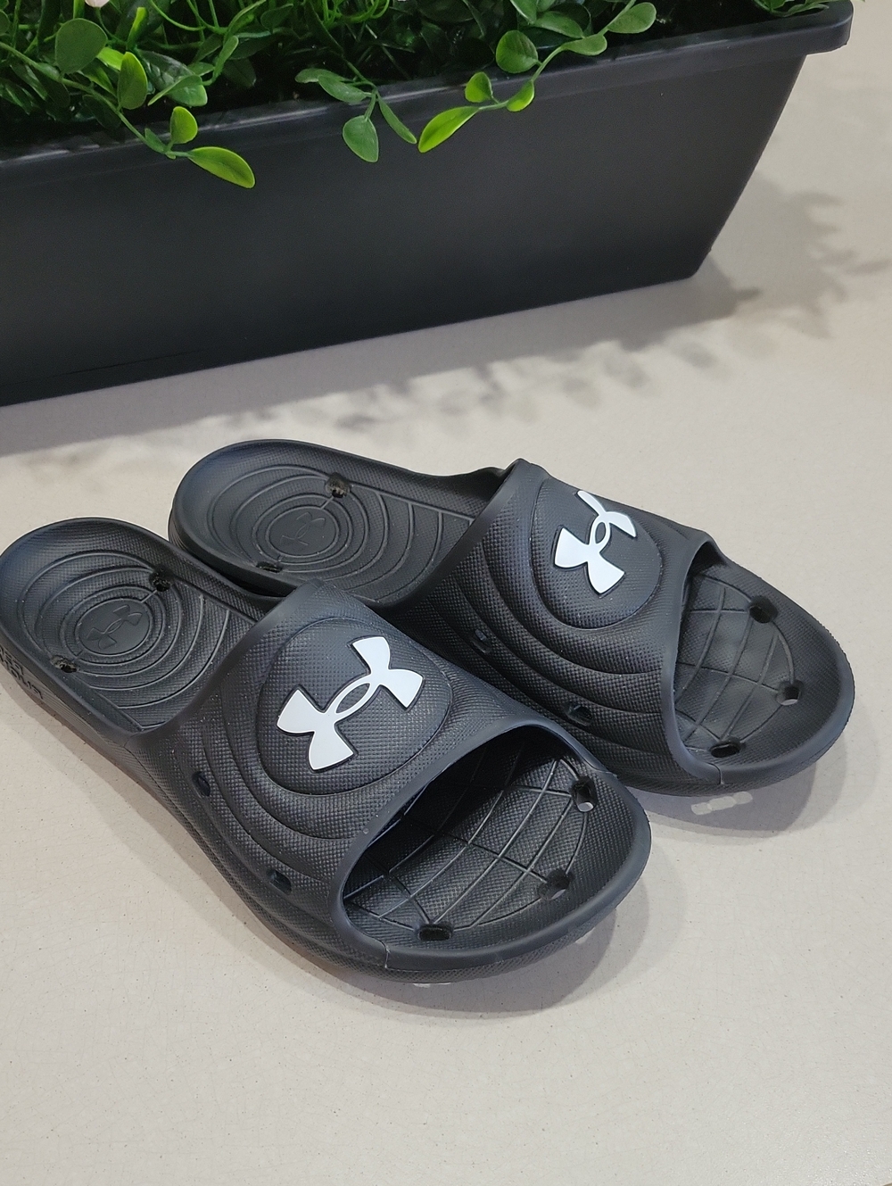 Under Armour Black Slide Sandals with White Logo